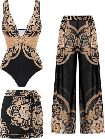 Women's 3 Piece Swimsuit Set V Neck One Piece Bathing Suit with Gold Buckle Cover Up Skirt & Pants in Saudi Arabia