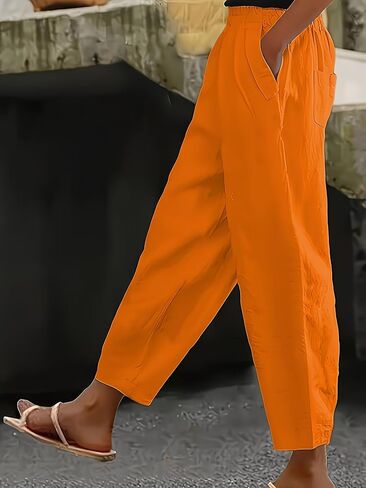 Women's Pants, Elastic High Waist Solid Color Casual Loose Cropped Harem Pants with Pockets in Kuwait