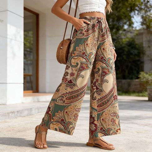 Womens Casual Pleated Wide Leg Pants,Loose Elastic Drawstring Beach Palazzo Pants,Comfy Trousers Flowy Flared Trousers-Kakhi in Kuwait