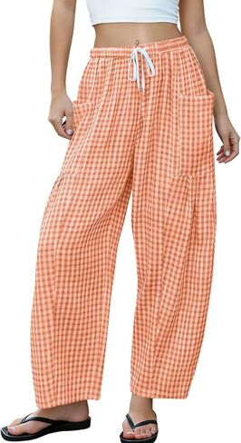 utcoco Womens 2026 Summer Casual Gingham Barrel Pants Elastic High Waist Drawstring Loose Plaid Trousers with Pockets in Kuwait