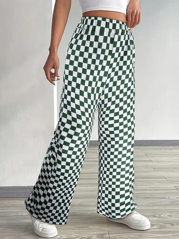 Women's Green & White Checkerboard Wide Leg Pants, Elastic Waist Loose-Fit Casual Trousers in Kuwait