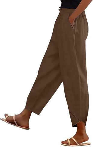 Cotton Linen Pants Women Petite Elastic High Waist Wide Leg Cropped Pant Casual Summer Vacation Capris Trousers in Saudi Arabia