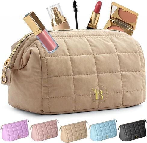 BLOOMORA Quilted Pink Makeup Bag for Women, Travel Toiletry Bag with Wide-Open Top & Zipper Pouch, Travel Makeup Case Organizer with Internal Pockets, Puffy Cosmetic Pouch for Everyday Essentials in Saudi Arabia