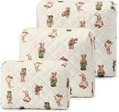 3 Pack Diaper Bag Organizer Pouch Set Quilted Cotton Cute Bear Diaper Pouches Fabric Coquette Cosmetic Makeup Bag Set Soft Toiletry Bags Travel Organizer Bags for Women and Girls in Kuwait
