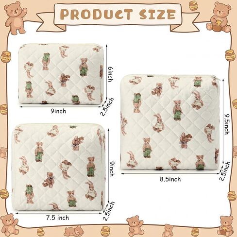 3 Pack Diaper Bag Organizer Pouch Set Quilted Cotton Cute Bear Diaper Pouches Fabric Coquette Cosmetic Makeup Bag Set Soft Toiletry Bags Travel Organizer Bags for Women and Girls in Kuwait