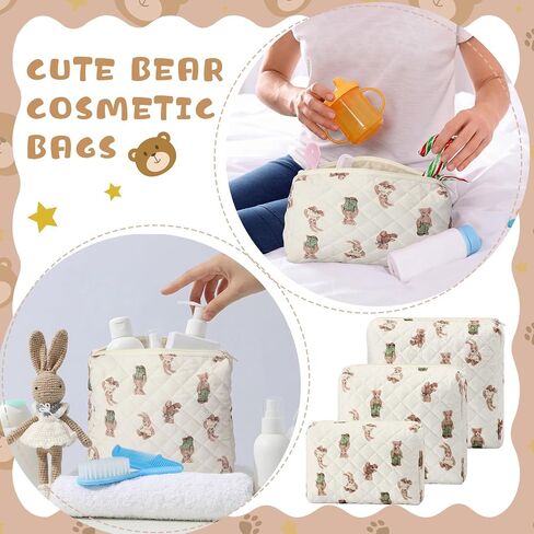 3 Pack Diaper Bag Organizer Pouch Set Quilted Cotton Cute Bear Diaper Pouches Fabric Coquette Cosmetic Makeup Bag Set Soft Toiletry Bags Travel Organizer Bags for Women and Girls in Kuwait