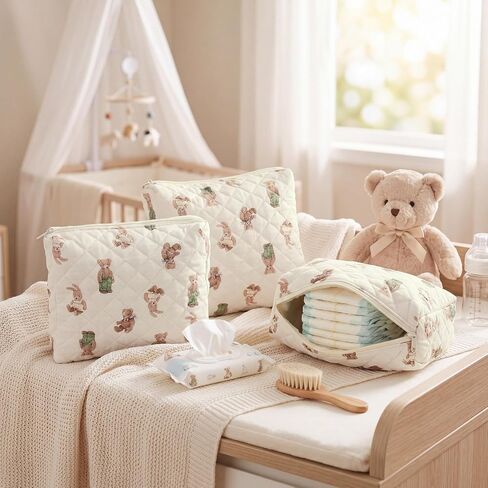 3 Pack Diaper Bag Organizer Pouch Set Quilted Cotton Cute Bear Diaper Pouches Fabric Coquette Cosmetic Makeup Bag Set Soft Toiletry Bags Travel Organizer Bags for Women and Girls in Kuwait