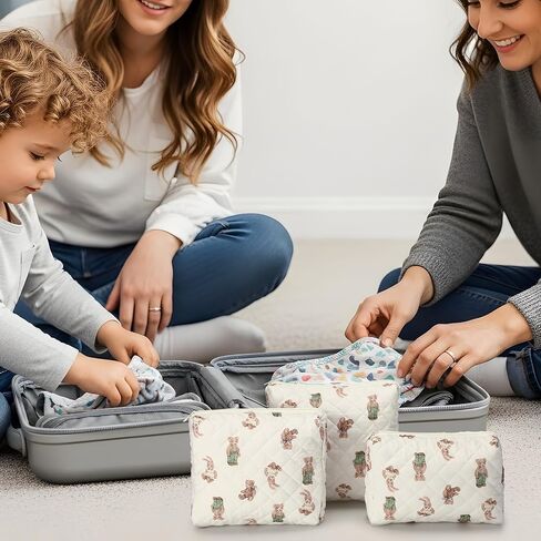 3 Pack Diaper Bag Organizer Pouch Set Quilted Cotton Cute Bear Diaper Pouches Fabric Coquette Cosmetic Makeup Bag Set Soft Toiletry Bags Travel Organizer Bags for Women and Girls in Kuwait