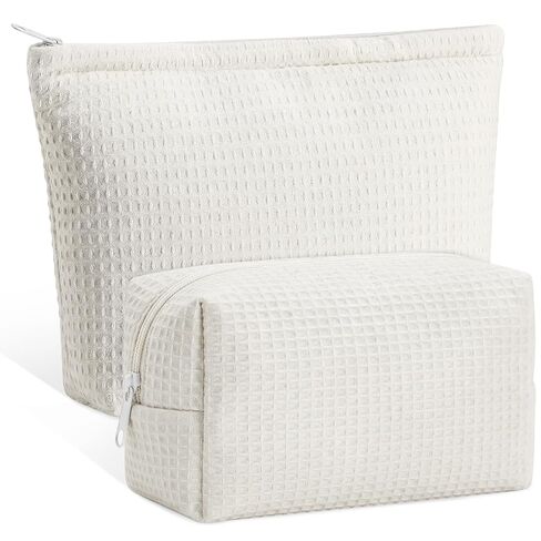 Gilprop 2 Pcs Waffle Makeup Bag White Travel Cosmetic Bag Graduation Gift, Birthday Plaid Pouch with Zipper Aesthetic Toiletry Wedding Gifts for Women, Mom, Teen Girl, Bridesmaid in Kuwait