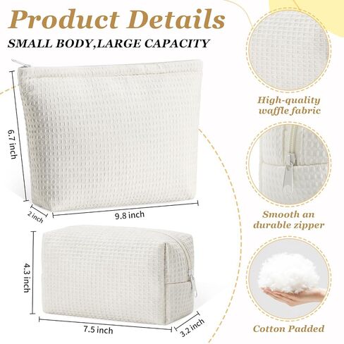 Gilprop 2 Pcs Waffle Makeup Bag White Travel Cosmetic Bag Graduation Gift, Birthday Plaid Pouch with Zipper Aesthetic Toiletry Wedding Gifts for Women, Mom, Teen Girl, Bridesmaid in Kuwait