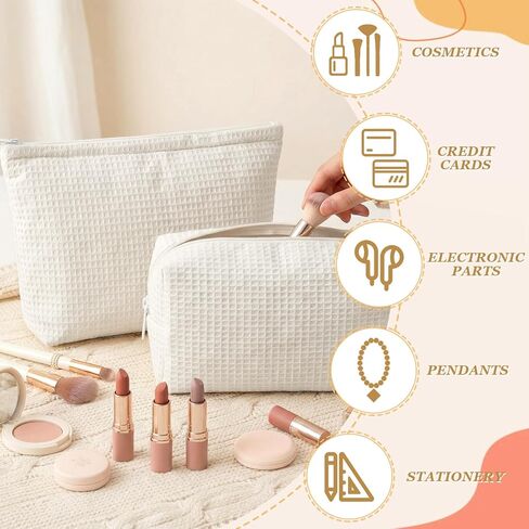 Gilprop 2 Pcs Waffle Makeup Bag White Travel Cosmetic Bag Graduation Gift, Birthday Plaid Pouch with Zipper Aesthetic Toiletry Wedding Gifts for Women, Mom, Teen Girl, Bridesmaid in Kuwait