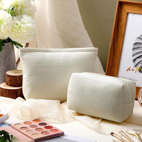 Gilprop 2 Pcs Waffle Makeup Bag White Travel Cosmetic Bag Graduation Gift, Birthday Plaid Pouch with Zipper Aesthetic Toiletry Wedding Gifts for Women, Mom, Teen Girl, Bridesmaid in Kuwait