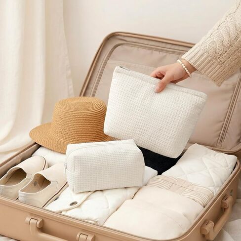 Gilprop 2 Pcs Waffle Makeup Bag White Travel Cosmetic Bag Graduation Gift, Birthday Plaid Pouch with Zipper Aesthetic Toiletry Wedding Gifts for Women, Mom, Teen Girl, Bridesmaid in Kuwait