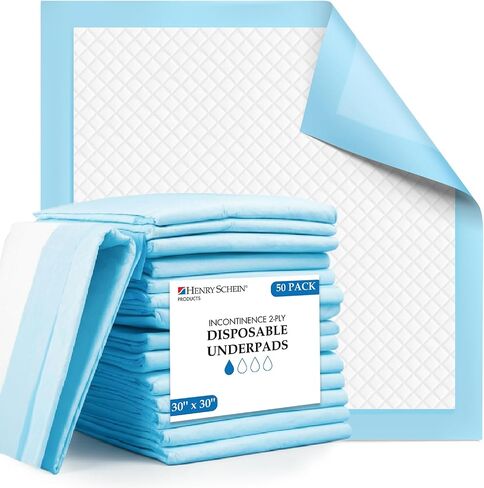 Henry Schein Disposable Underpad Unisex, 30x30 Light Absorbency, White/Blue - Disposable, Hypoallergenic, Leak Resistant, Poly Backing, Latex-Free – 50 Count in Kuwait
