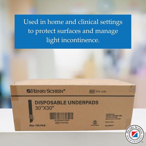 Henry Schein Disposable Underpad Unisex, 30x30 Light Absorbency, White/Blue - Disposable, Hypoallergenic, Leak Resistant, Poly Backing, Latex-Free – 50 Count in Kuwait