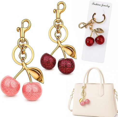 2 Pack Cherry Keychain for Women,Cute Glitter Resin Cherry Bag Charm,Car Keyrings Leather Handbags,Red and Pink in Saudi Arabia