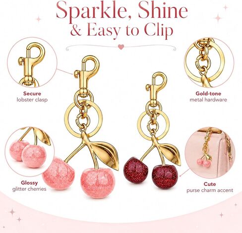 2 Pack Cherry Keychain for Women,Cute Glitter Resin Cherry Bag Charm,Car Keyrings Leather Handbags,Red and Pink in Saudi Arabia