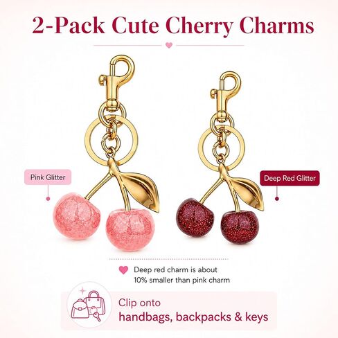 2 Pack Cherry Keychain for Women,Cute Glitter Resin Cherry Bag Charm,Car Keyrings Leather Handbags,Red and Pink in Saudi Arabia