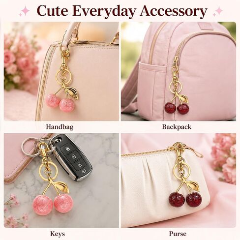 2 Pack Cherry Keychain for Women,Cute Glitter Resin Cherry Bag Charm,Car Keyrings Leather Handbags,Red and Pink in Saudi Arabia