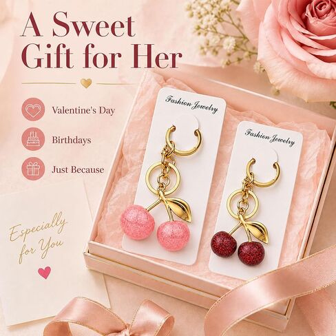 2 Pack Cherry Keychain for Women,Cute Glitter Resin Cherry Bag Charm,Car Keyrings Leather Handbags,Red and Pink in Saudi Arabia