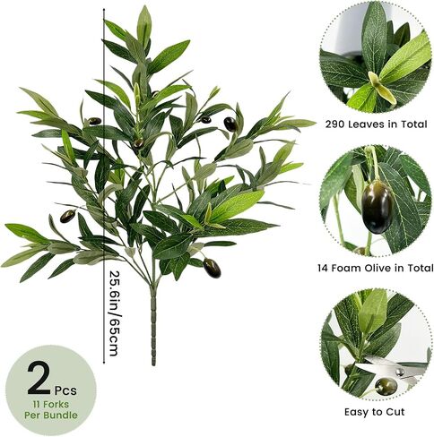 فروع زيتون صناعية من SNAIL GARDEN مع 290 ​​ورقة، 25.6 بوصة فروع زيتون خضراء صناعية، عبوتين من فروع الزيتون للمزهريات، سيقان خضراء لديكور المنزل، أكاليل الزهور، القطع المركزية، الزفاف in Kuwait