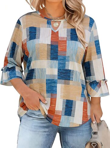 Totatuit Womens Plus Size Tops 3/4 Ruffle Sleeve Shirts Keyhole Crewneck Summer Blouses Dressy Casual Loose Tunic XL-5XL in Saudi Arabia