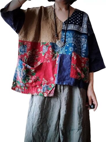 Women's Linen Tunic Top 3/4 Sleeve V-Neck Patchwork Floral Tees Loose Fit Boho Summer Casual Irregular T-Shirt in Saudi Arabia