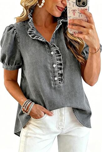 Denim Shirts for Women Puff Sleeve Ruffle Denim Peplum Top Y2k Casual Button Up Jean Shirt Cowgirl Summer Tunic Tops in Kuwait