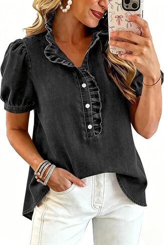 Denim Shirts for Women Puff Sleeve Ruffle Denim Peplum Top Y2k Casual Button Up Jean Shirt Cowgirl Summer Tunic Tops in Kuwait