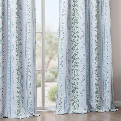 Light Blue and White Floral Blackout Curtains, French Country Cottage Core Green Scalloped Thermal Insulated Drape for Summer Heat, Grand Millenial Coastal Curtain for Living Room Bedroom 84 Inch Long in Kuwait