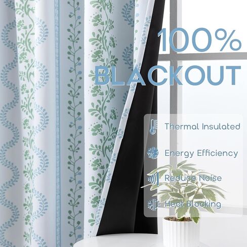 Light Blue and White Floral Blackout Curtains, French Country Cottage Core Green Scalloped Thermal Insulated Drape for Summer Heat, Grand Millenial Coastal Curtain for Living Room Bedroom 84 Inch Long in Kuwait