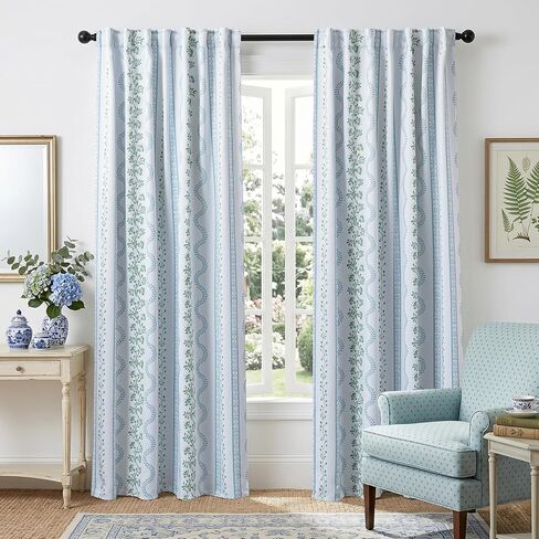 Light Blue and White Floral Blackout Curtains, French Country Cottage Core Green Scalloped Thermal Insulated Drape for Summer Heat, Grand Millenial Coastal Curtain for Living Room Bedroom 84 Inch Long in Kuwait