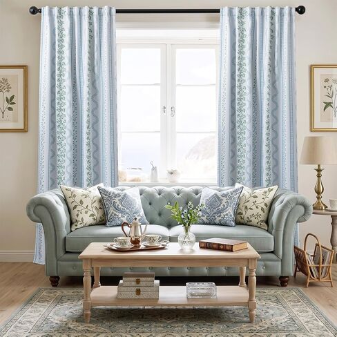 Light Blue and White Floral Blackout Curtains, French Country Cottage Core Green Scalloped Thermal Insulated Drape for Summer Heat, Grand Millenial Coastal Curtain for Living Room Bedroom 84 Inch Long in Kuwait