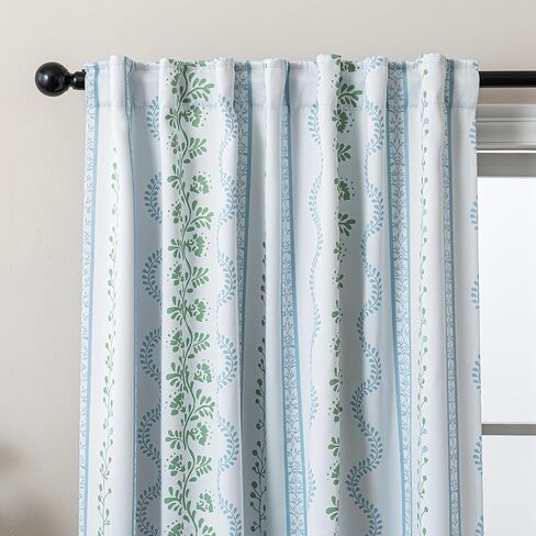 Light Blue and White Floral Blackout Curtains, French Country Cottage Core Green Scalloped Thermal Insulated Drape for Summer Heat, Grand Millenial Coastal Curtain for Living Room Bedroom 84 Inch Long in Kuwait