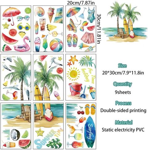 9 Sheets Summer Window Clings, Double-Side Glass Decals Beach Sun Tropical Window Stickers for Mirror Glass Display Shop Office School Supplies Reusable in Saudi Arabia