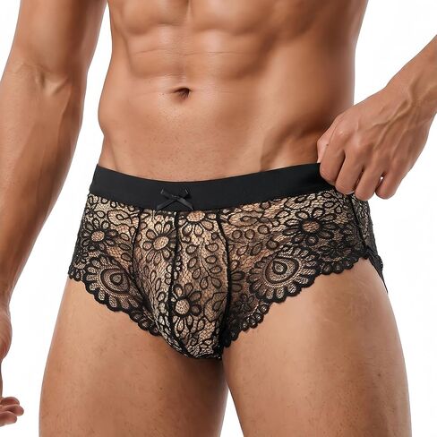 Men’s Black Lace Boxers Low-Rise Floral Underwear See-Through Bow Soft Stretchy Breathable Flattering Fit in Kuwait