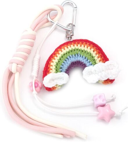 Handmade Crochet Rainbow Bag Charms - Cute Woven Keychain with Clouds Star Beads, Designer Jewelry Gift for Women in Kuwait