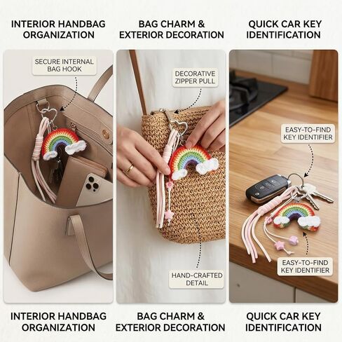 Handmade Crochet Rainbow Bag Charms - Cute Woven Keychain with Clouds Star Beads, Designer Jewelry Gift for Women in Kuwait