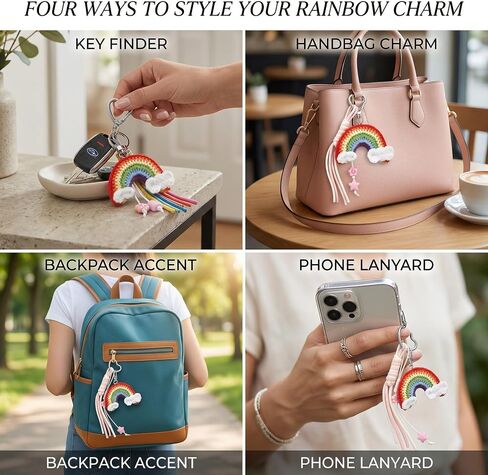 Handmade Crochet Rainbow Bag Charms - Cute Woven Keychain with Clouds Star Beads, Designer Jewelry Gift for Women in Kuwait
