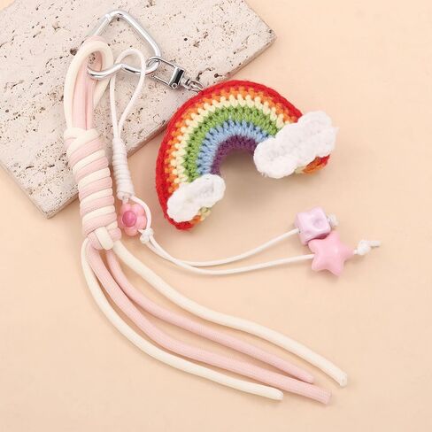 Handmade Crochet Rainbow Bag Charms - Cute Woven Keychain with Clouds Star Beads, Designer Jewelry Gift for Women in Kuwait