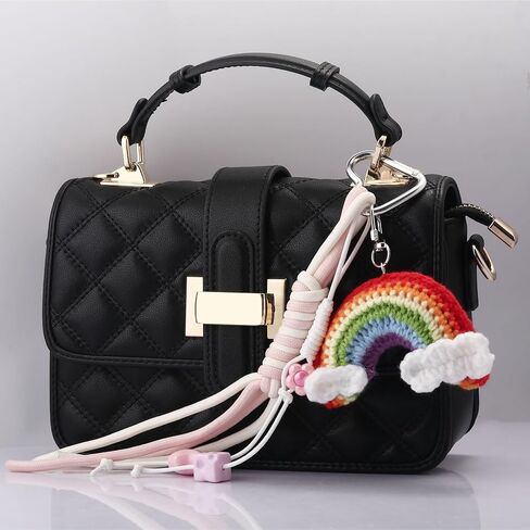 Handmade Crochet Rainbow Bag Charms - Cute Woven Keychain with Clouds Star Beads, Designer Jewelry Gift for Women in Kuwait