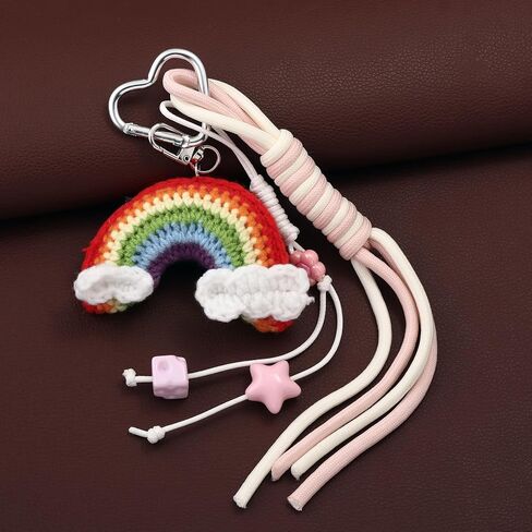 Handmade Crochet Rainbow Bag Charms - Cute Woven Keychain with Clouds Star Beads, Designer Jewelry Gift for Women in Kuwait