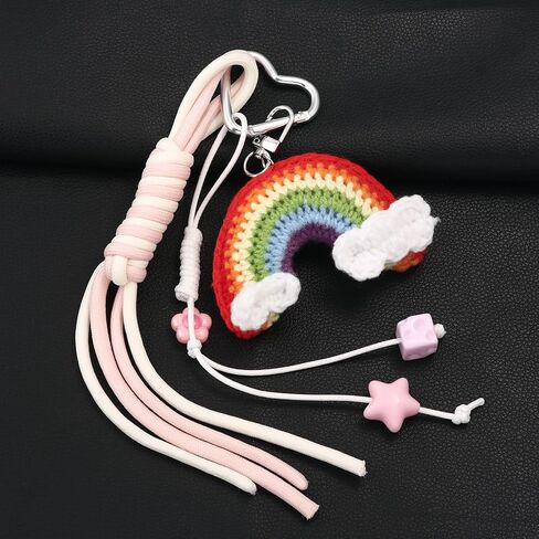 Handmade Crochet Rainbow Bag Charms - Cute Woven Keychain with Clouds Star Beads, Designer Jewelry Gift for Women in Kuwait