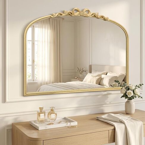 Besdomus Large Gold Arched Mirror: 40"x29" Bow Traditional Baroque Vintage Wall Mirror - French Antique Bow and Floral Carving for Vanity/Bedroom/Fireplace/Entryway/Living Room - Ideal for Housewife in Saudi Arabia