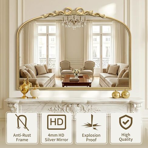 Besdomus Large Gold Arched Mirror: 40"x29" Bow Traditional Baroque Vintage Wall Mirror - French Antique Bow and Floral Carving for Vanity/Bedroom/Fireplace/Entryway/Living Room - Ideal for Housewife in Saudi Arabia