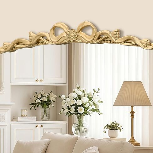 Besdomus Large Gold Arched Mirror: 40"x29" Bow Traditional Baroque Vintage Wall Mirror - French Antique Bow and Floral Carving for Vanity/Bedroom/Fireplace/Entryway/Living Room - Ideal for Housewife in Saudi Arabia