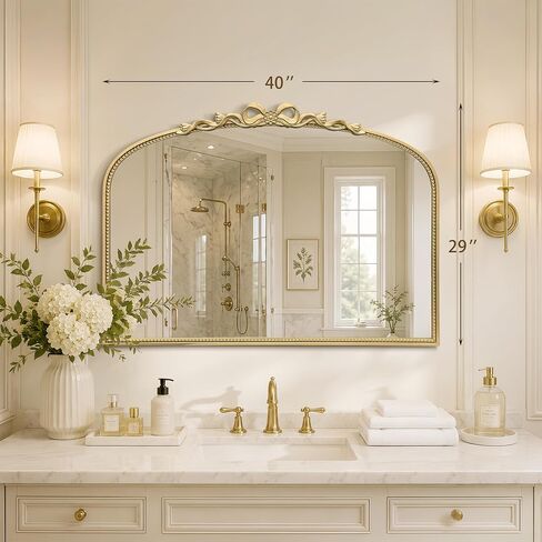 Besdomus Large Gold Arched Mirror: 40"x29" Bow Traditional Baroque Vintage Wall Mirror - French Antique Bow and Floral Carving for Vanity/Bedroom/Fireplace/Entryway/Living Room - Ideal for Housewife in Saudi Arabia