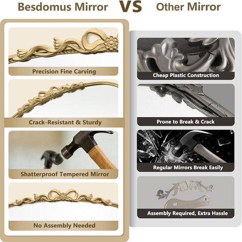 Besdomus Large Gold Arched Mirror: 40"x29" Bow Traditional Baroque Vintage Wall Mirror - French Antique Bow and Floral Carving for Vanity/Bedroom/Fireplace/Entryway/Living Room - Ideal for Housewife in Saudi Arabia