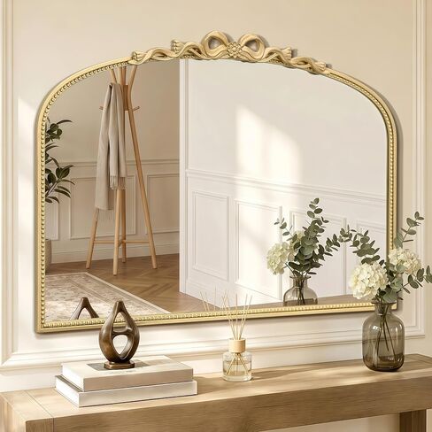 Besdomus Large Gold Arched Mirror: 40"x29" Bow Traditional Baroque Vintage Wall Mirror - French Antique Bow and Floral Carving for Vanity/Bedroom/Fireplace/Entryway/Living Room - Ideal for Housewife in Saudi Arabia
