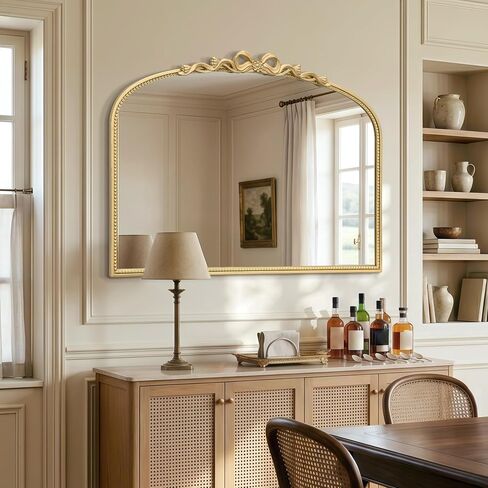 Besdomus Large Gold Arched Mirror: 40"x29" Bow Traditional Baroque Vintage Wall Mirror - French Antique Bow and Floral Carving for Vanity/Bedroom/Fireplace/Entryway/Living Room - Ideal for Housewife in Saudi Arabia